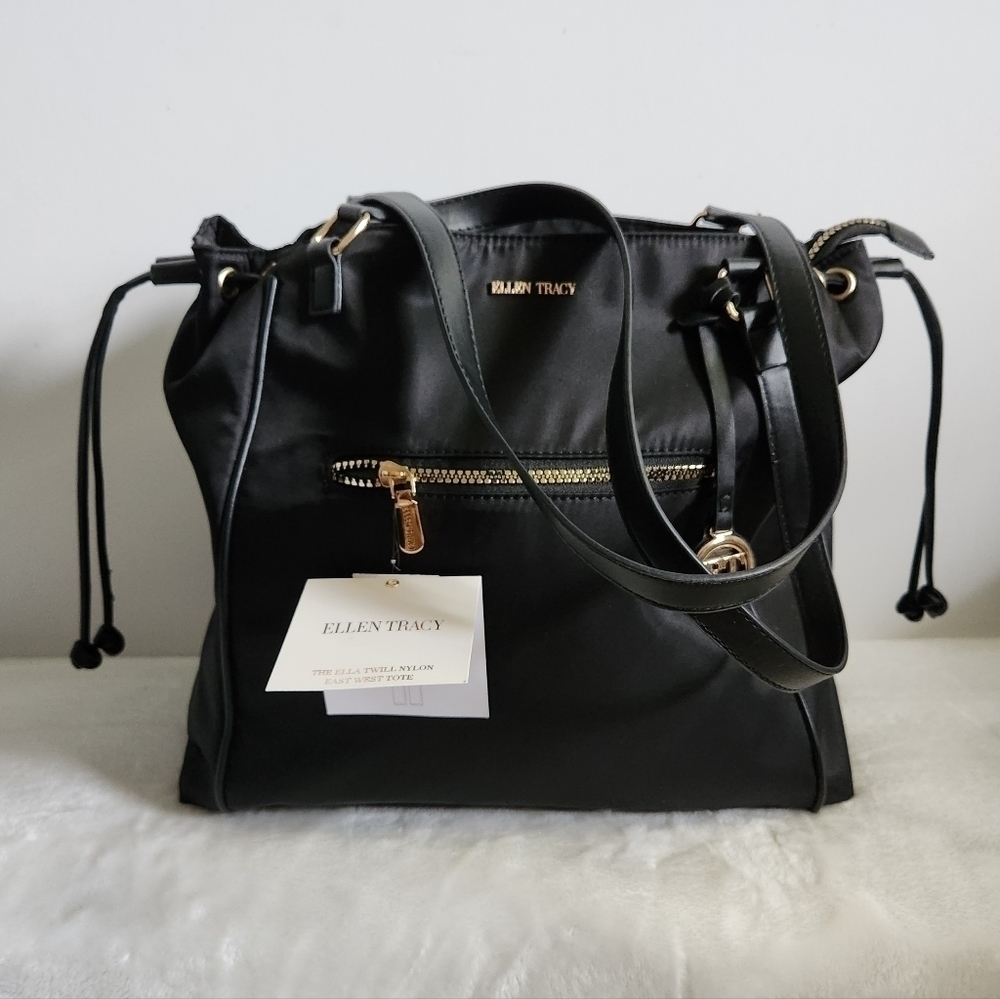 Ellen Tracy Black Gold Twill Nylon East West Tote Shoulder Bag Purse NWT